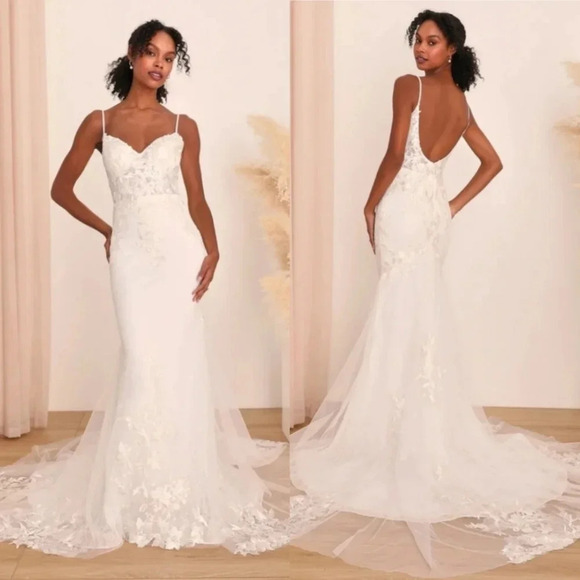Lulus Bridal Everlasting Affection White Lace Backless Mermaid Maxi Dress Bride - Picture 1 of 15